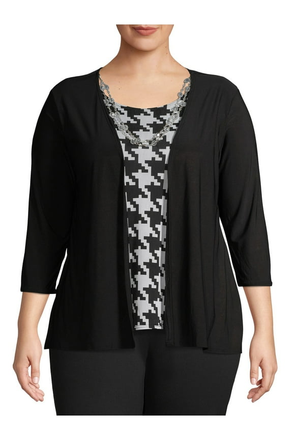 Women's Plus Size 3/4 Sleeve Cardigan with Necklace