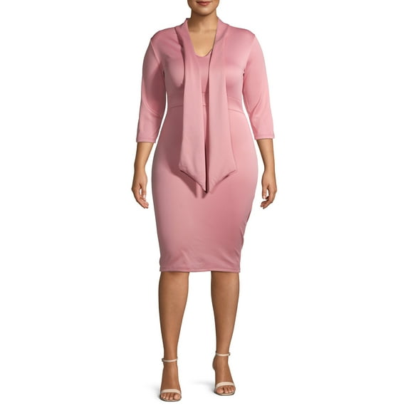 Ella Samani Women's Plus Size 3/4 Sleeve Dress with Tie Neck