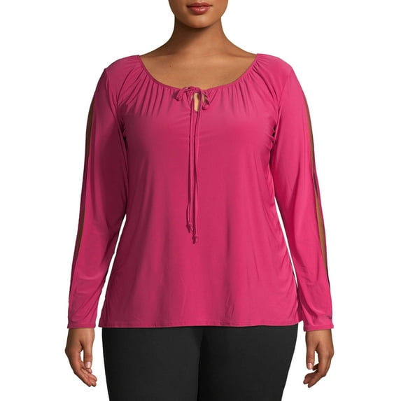 Ella Samani Women's Plus Size Tie Front Long Sleeve Top