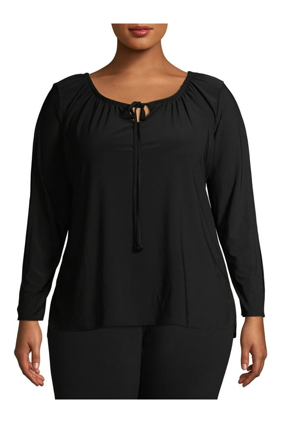 Women's Plus Size Tie Front Long Sleeve Top