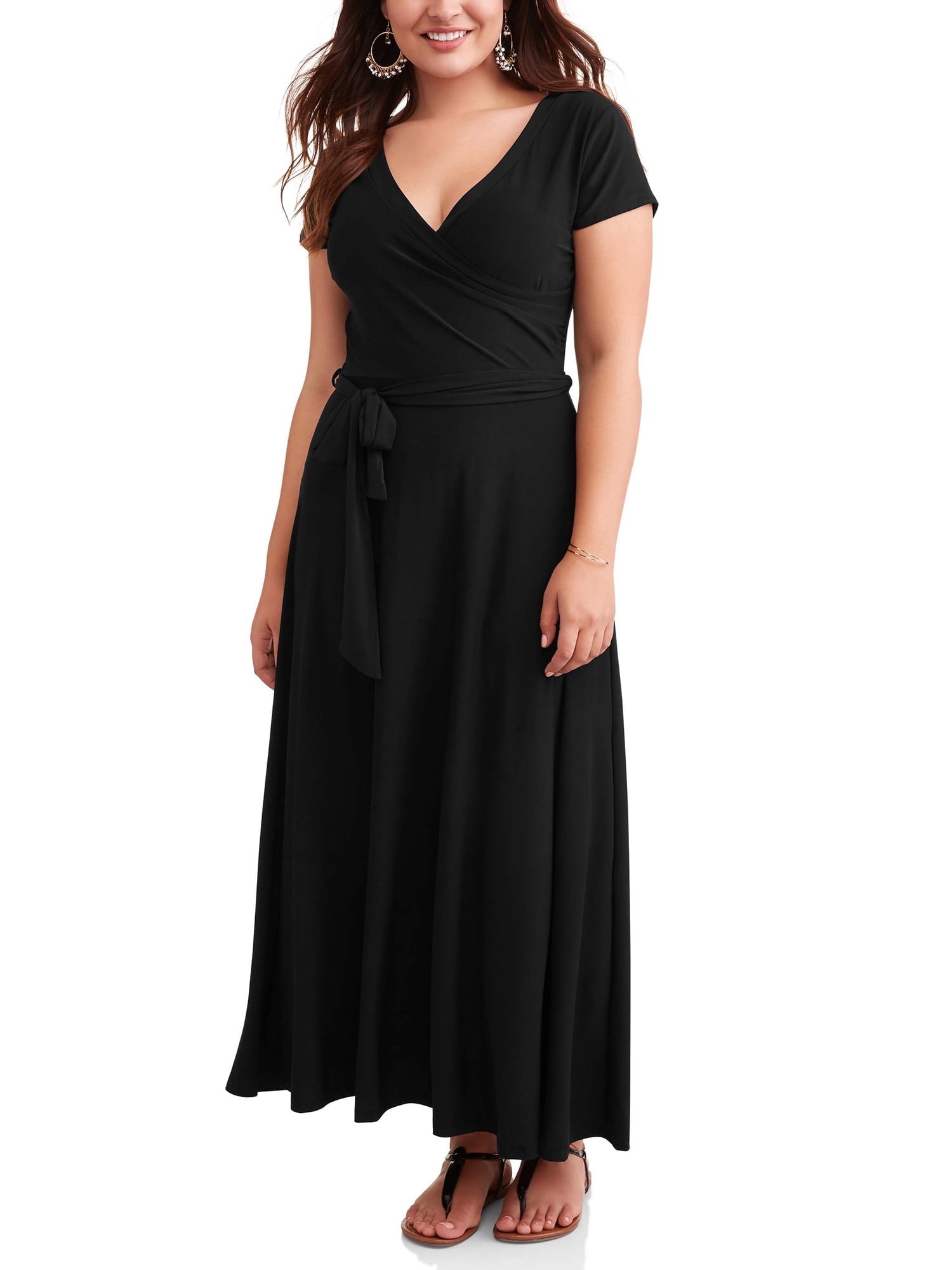 chinese dress ladies Solid 3/4 Sleeve Wrap Dress with Pockets (Burgundy)