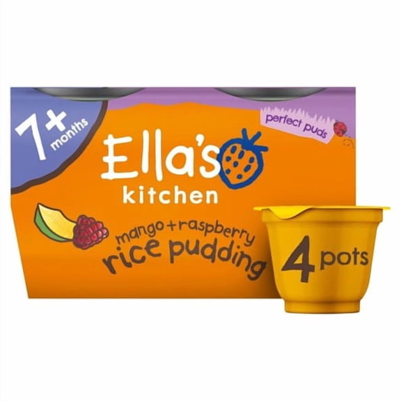 Ella's Kitchen Organic Mango+Raspberry Rice Pudding Baby Pot 7m+, 4 x 80g, British Import (Pack of 2)