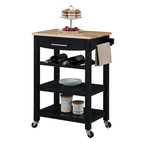 Ellaine 4 Tier Butcher Block Kitchen Cart with Drawer & Wine Rack, Black