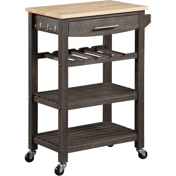 Ellaine 4 Tier Kitchen Cart with Drawer and Wine Rack, 24.75 x 16.5 x 34.5, Wirebrush Dark Gray/Butcher Block