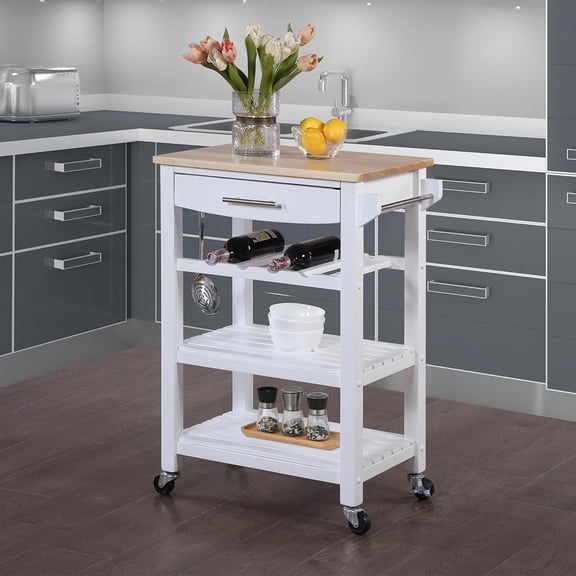 Ellaine Butcher Block Kitchen Cart 24.75" - 4 Tier Kitchen Island with Storage Drawer, Dining Room Wine Rack on Wheels, Coffee Station Table, Mobile Utility Trolley, White