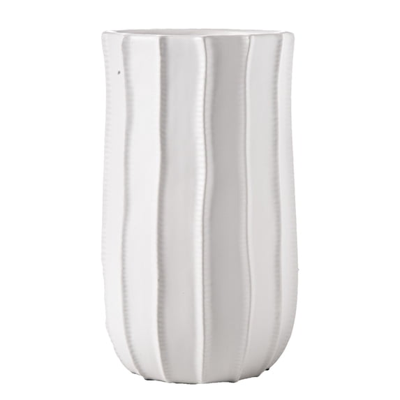 Elle 12 Inch Round Ceramic Vase with Embossed Vertical Lines, White