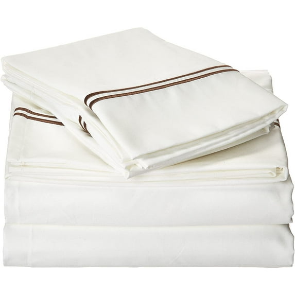 Elle 1200 Thread Count Cotton-Rich Embroidery Sheet Set, Full, White/Chocolate