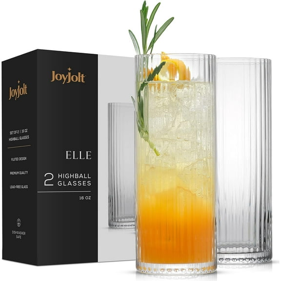 Elle 16oz Fluted Highball Glasses Set of 2, Ribbed Tall Cocktail Tumblers for Gin Juice Water, Vintage Style Drinking Glasses