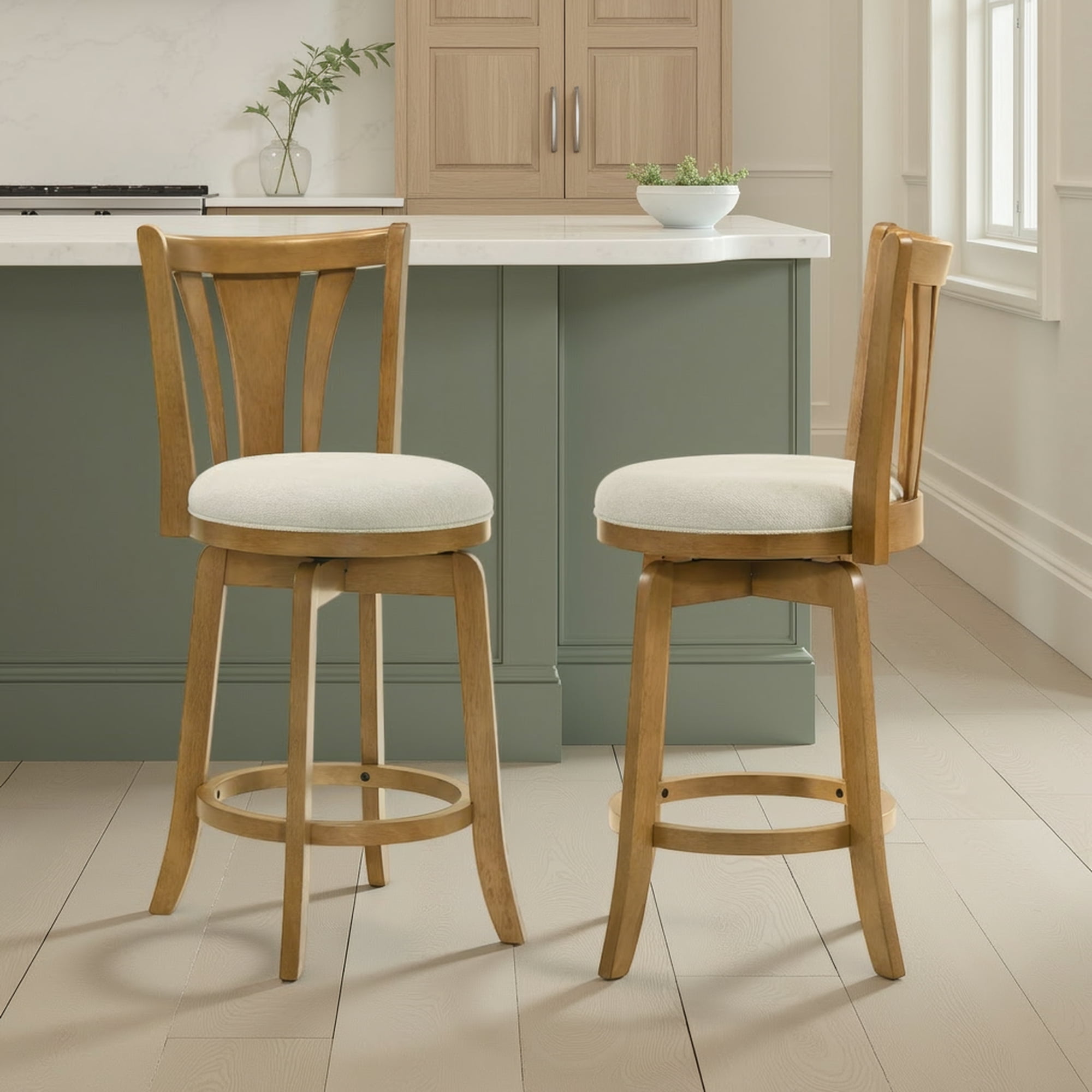 Elle 26 in. Amber Glow Counter Height Rubberwood Swivel Barstool with Ivory Fabric Seat - Set of 2