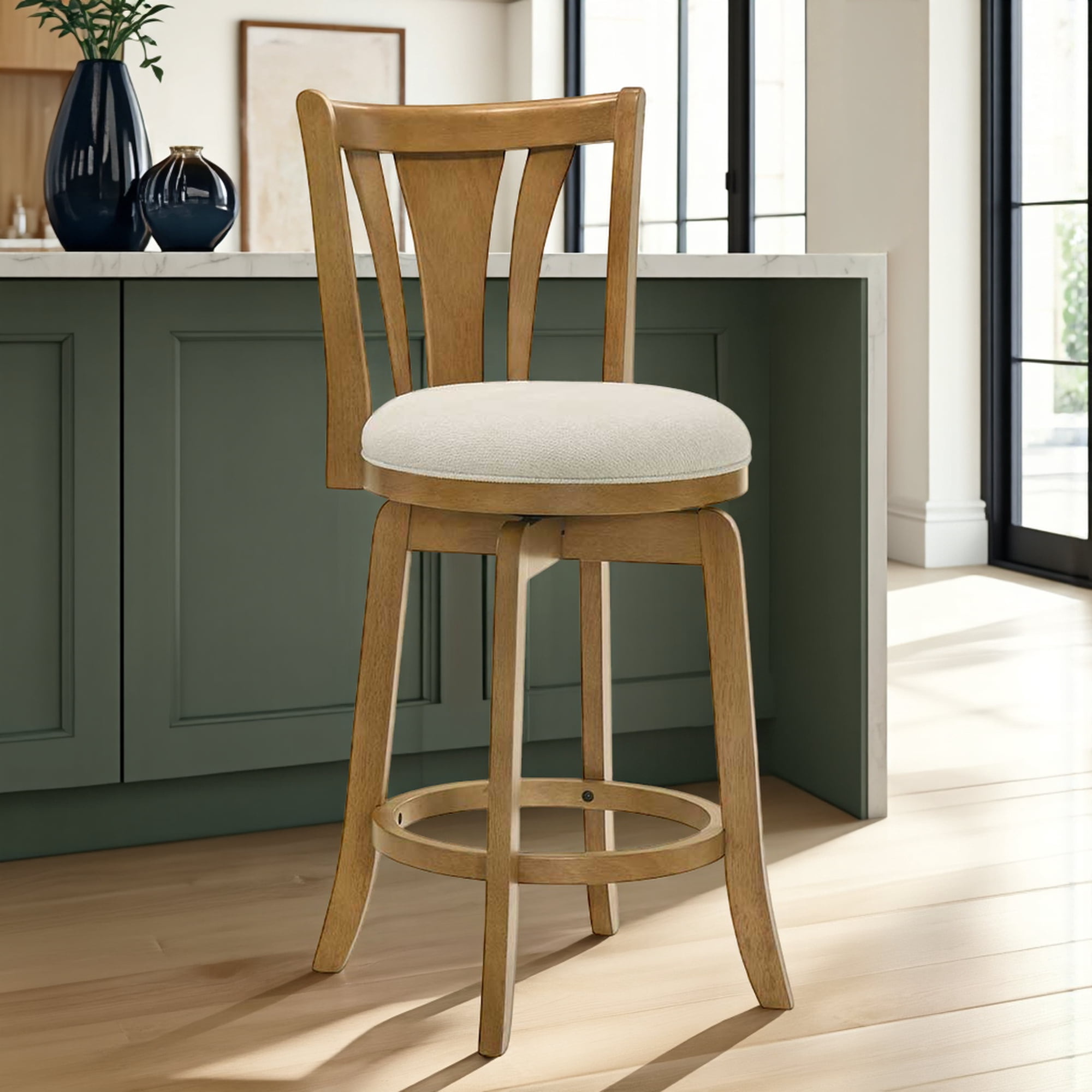 Elle 26 in. Amber Glow Counter Height Rubberwood Swivel Barstool with Ivory Fabric Seat - Set of 3
