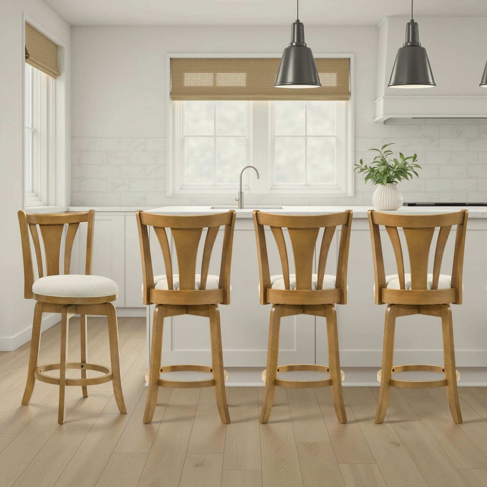Elle 26 in. Amber Glow Counter Height Rubberwood Swivel Barstool with Ivory Fabric Seat - Set of 4