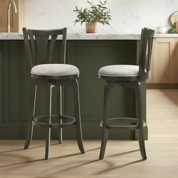 Elle 26 in. Dark Roast Counter Height Rubberwood Swivel Barstool with Grey Fabric Seat - Set of 2