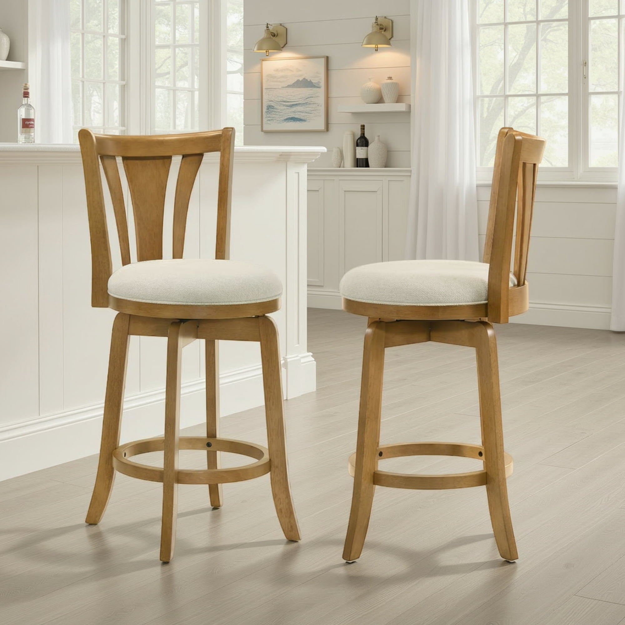 Elle 30 in. Amber Glow Bar Height Rubberwood Swivel Barstool with Ivory Fabric Seat - Set of 2