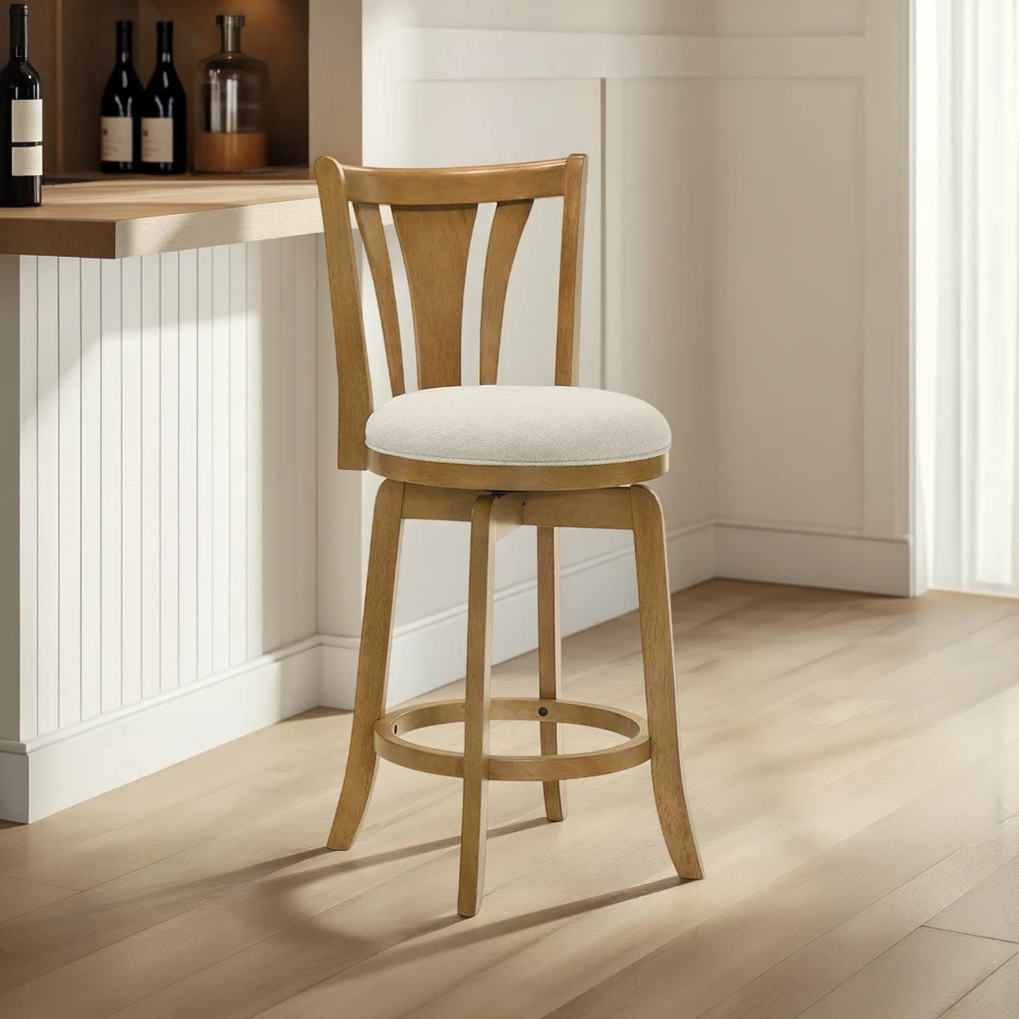 Elle 30 in. Amber Glow Bar Height Rubberwood Swivel Barstool with Ivory Fabric Seat - Set of 3