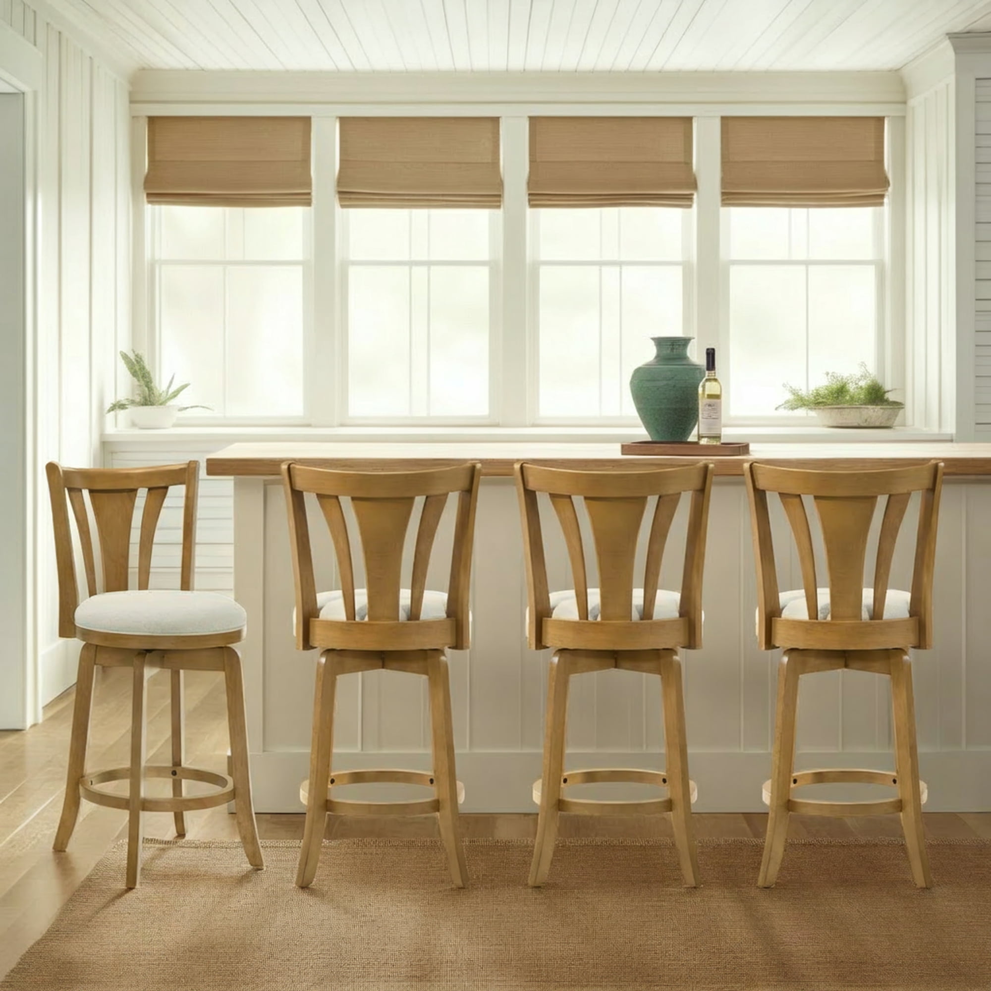 Elle 30 in. Amber Glow Bar Height Rubberwood Swivel Barstool with Ivory Fabric Seat - Set of 4