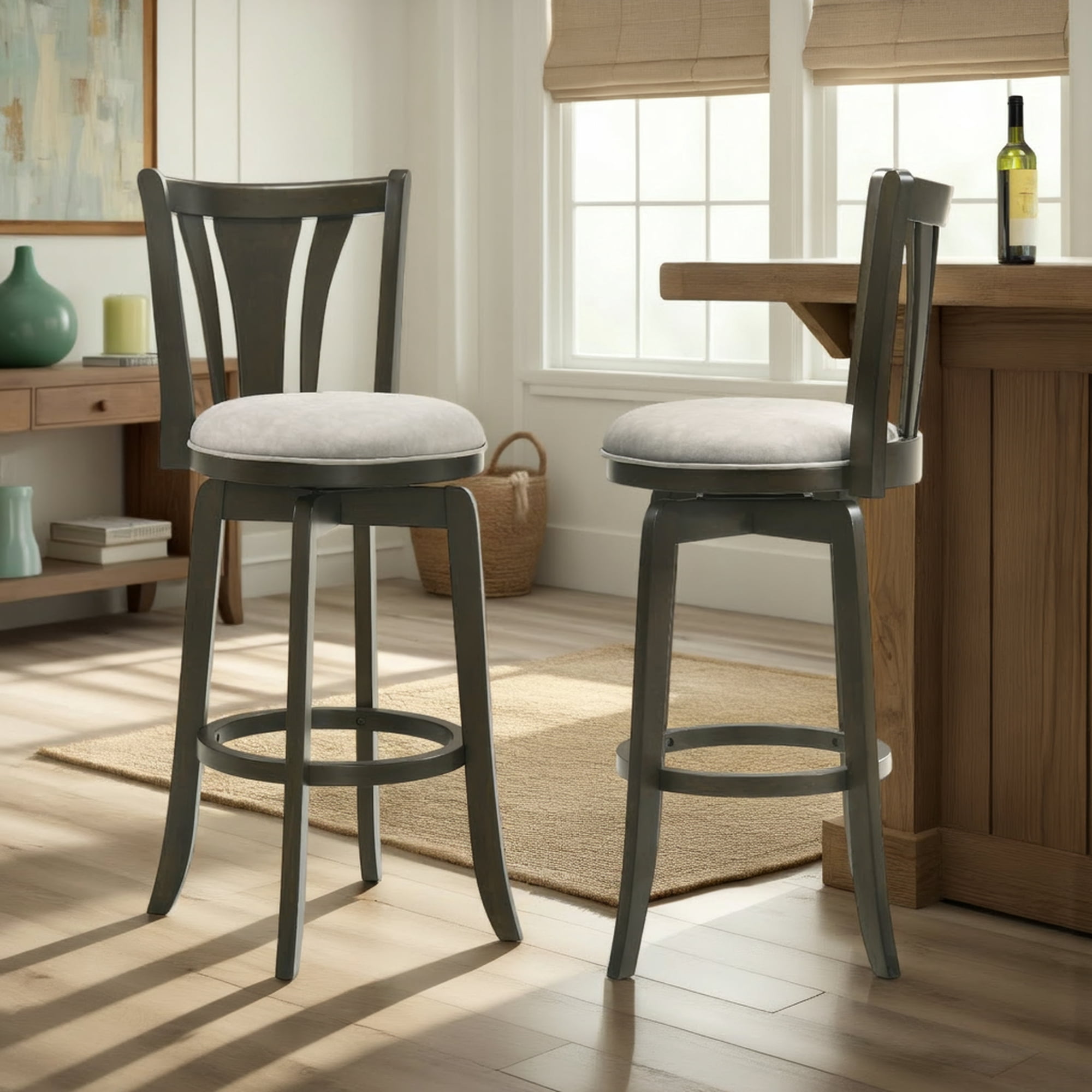Elle 30 in. Dark Roast Bar Height Rubberwood Swivel Barstool with Grey Fabric Seat - Set of 2