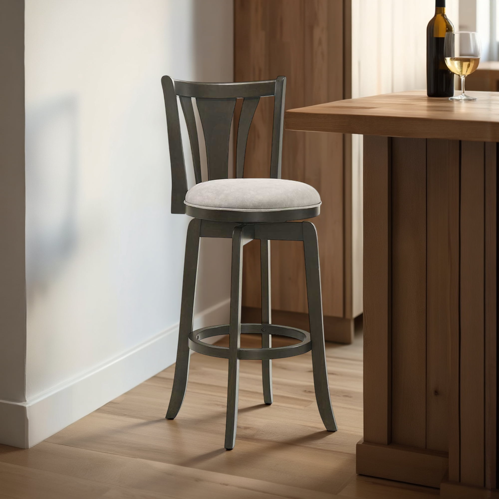 Elle 30 in. Dark Roast Bar Height Rubberwood Swivel Barstool with Grey Fabric Seat - Set of 3
