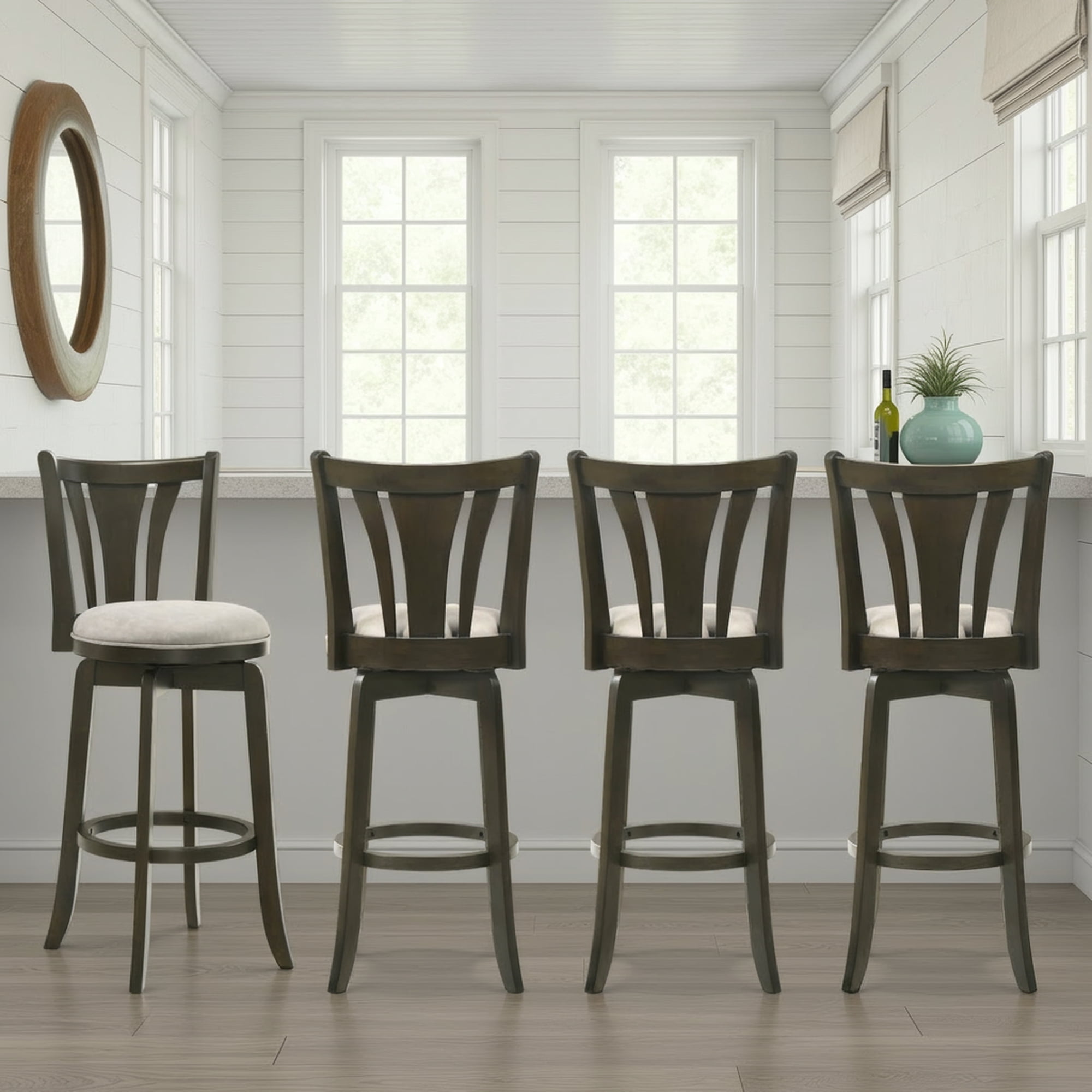 Elle 30 in. Dark Roast Bar Height Rubberwood Swivel Barstool with Grey Fabric Seat - Set of 4