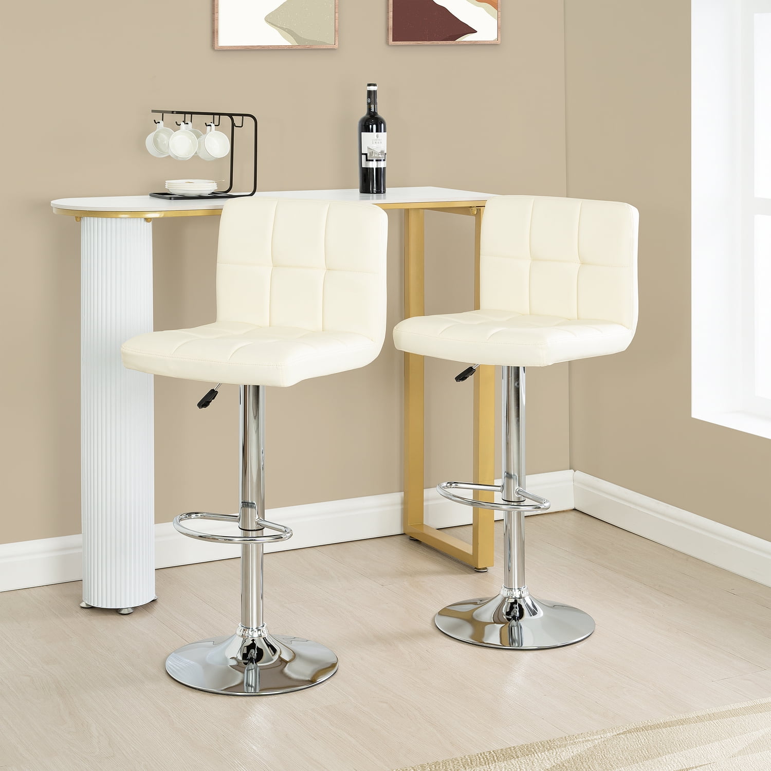 Elle Adjustable Swivel Bar Stools Set of 2, Leather Bar Stools Set of 2