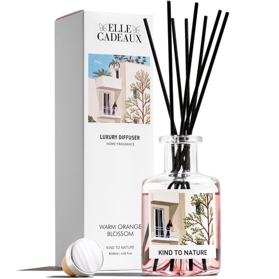 Elle Cadeaux Reed Diffuser Warm Orange Blossom Fruity Scent with Sticks, Essential Oil Home Fragrance, 6oz
