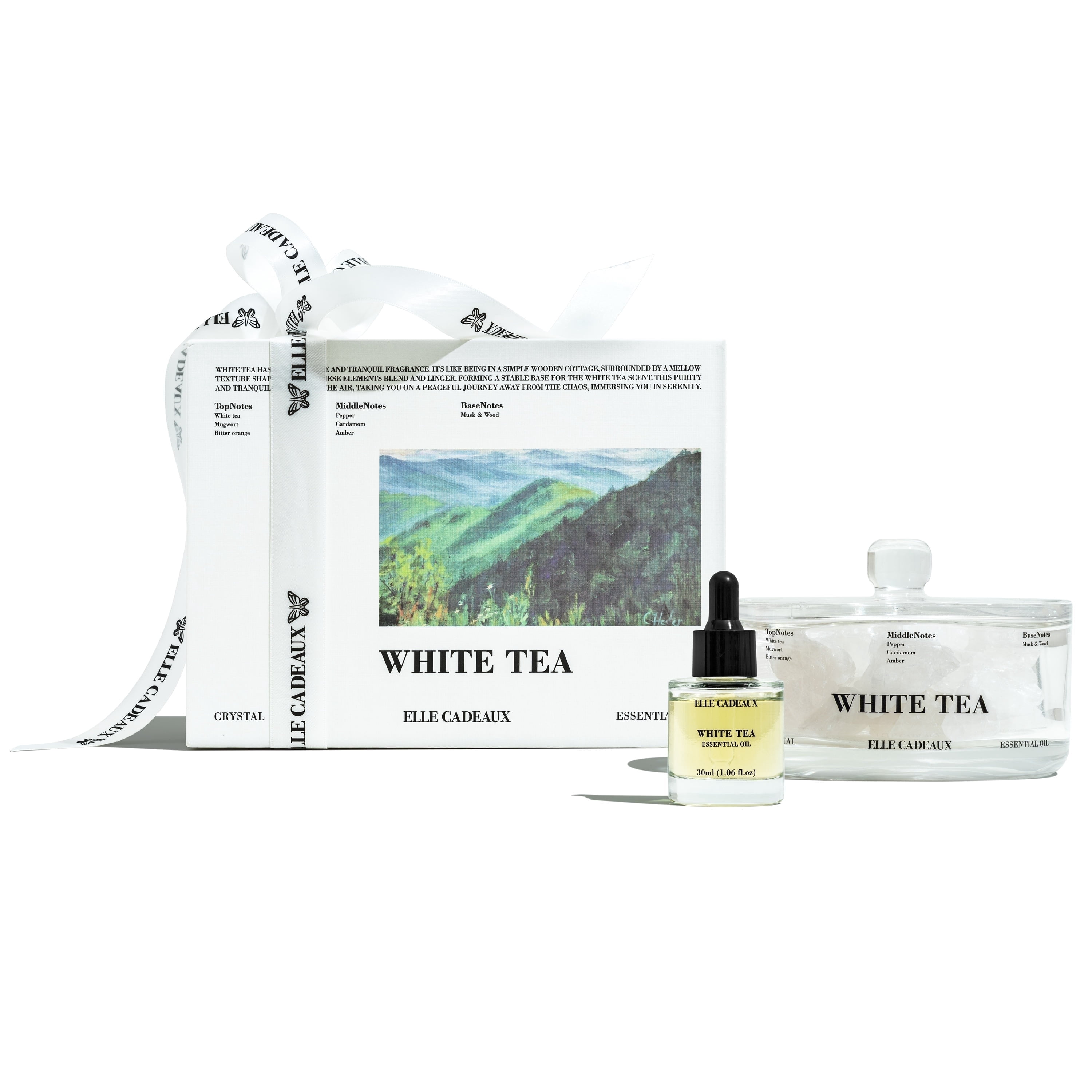 Elle Cadeaux Essential Oil Diffuser Gift Set White Tea Floral Scent with Crystals, Aromatherapy Home Fragrance, 1.06oz