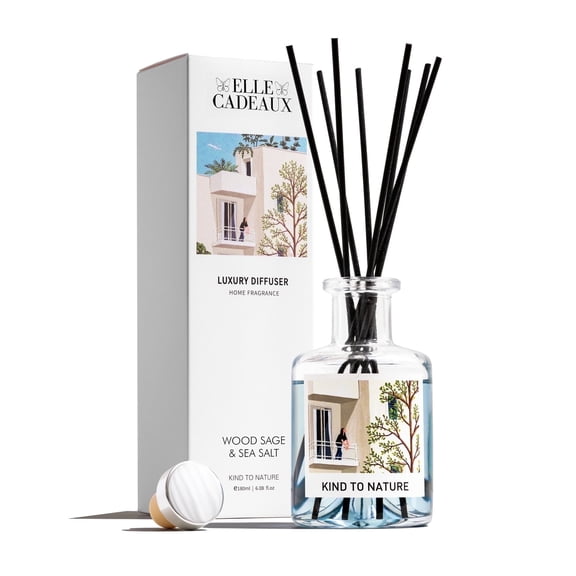 Elle Cadeaux Reed Diffuser, Wood Sage & Sea Salt, Clean Coastal Scent, 6oz, 1lb