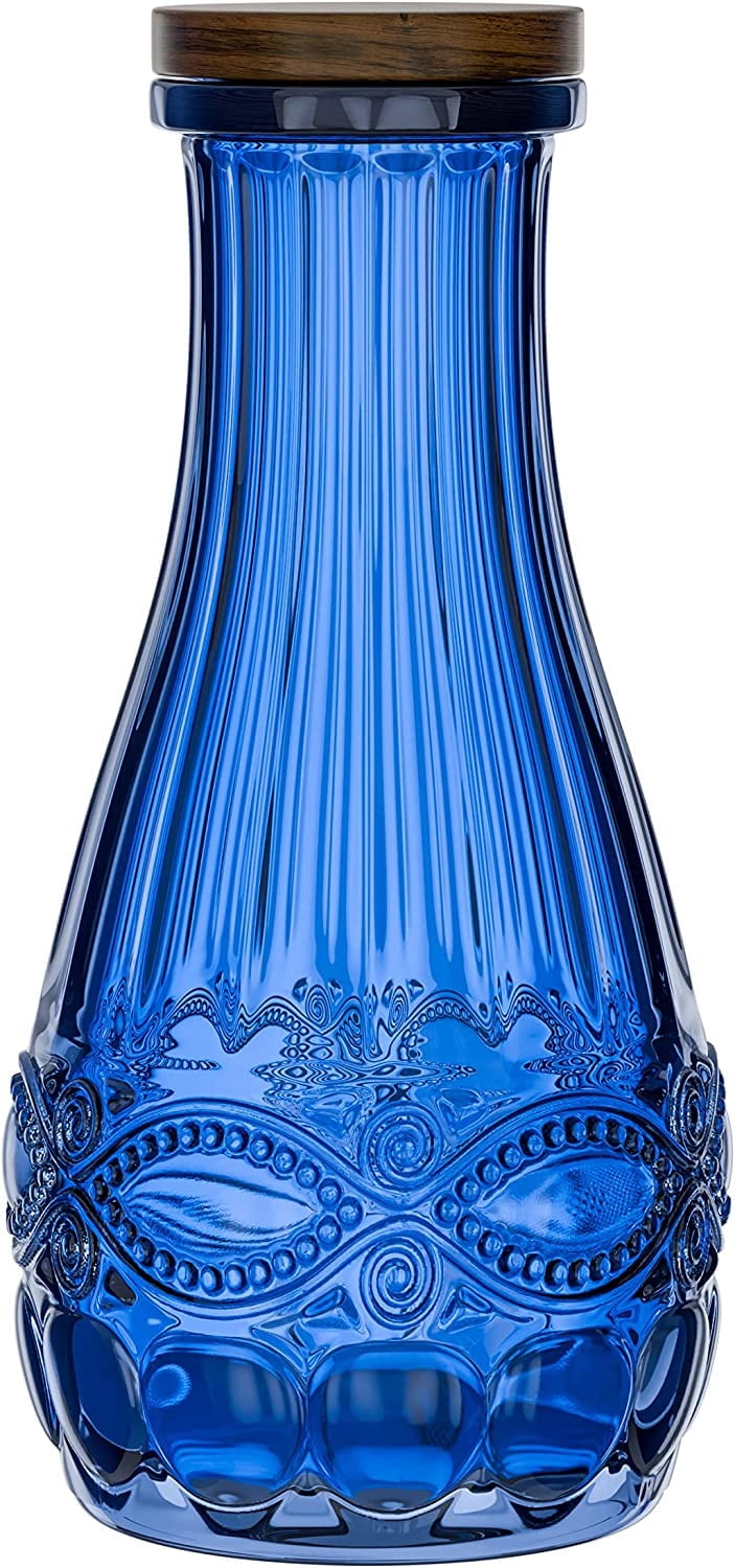 Elle Décor Colored Glass Carafe with Wood Lid Leak-Proof Glass Pitcher, Grade Silicone, 1 Liter, Blue