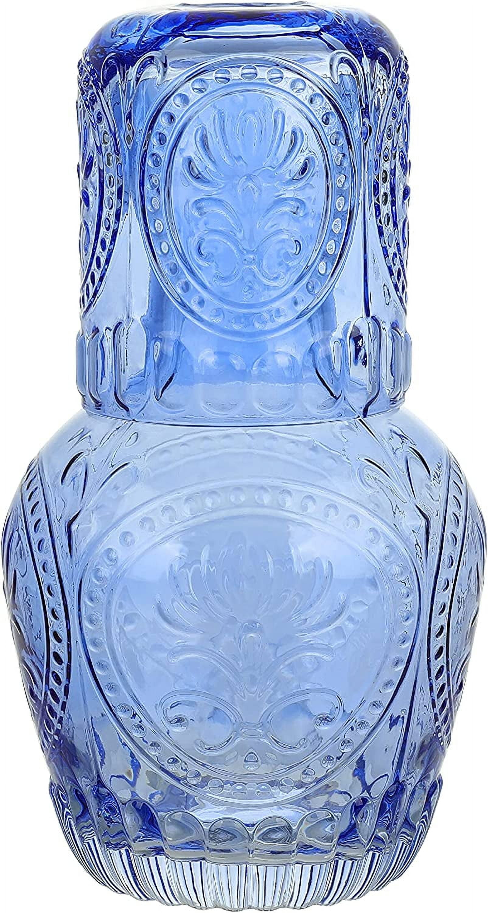 Blue Etched Glass Bedside Carafe Set with Tumbler Lid