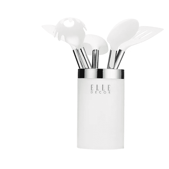 6-Piece Nylon Silicone Kitchen Utensil Set with Holder Marbled Handles Professional Quality Includes Utensils and Holder