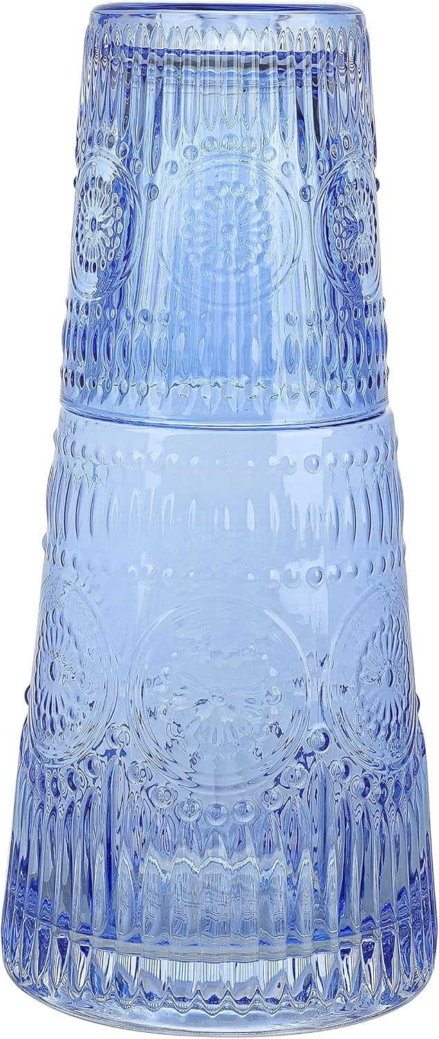 Elle Decor Bedside Water Carafe with Tumbler Set, Vintage Design Pitcher and Matching Drinking Glass, 33-Ounce, Cobalt Blue