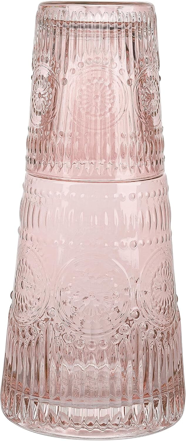 Elle Decor Bedside Water Carafe with Tumbler Set, Vintage Design Pitcher and Matching Drinking Glass Doubles as Lid, 33-Ounce, Pink