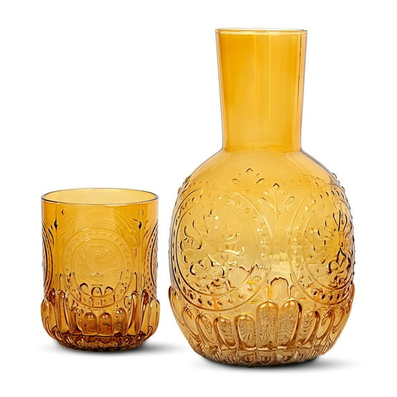 Elle Decor Carafe Bedside Night Water Carafe Glass Pitcher and Cup - 4.52" x 8.26" Amber