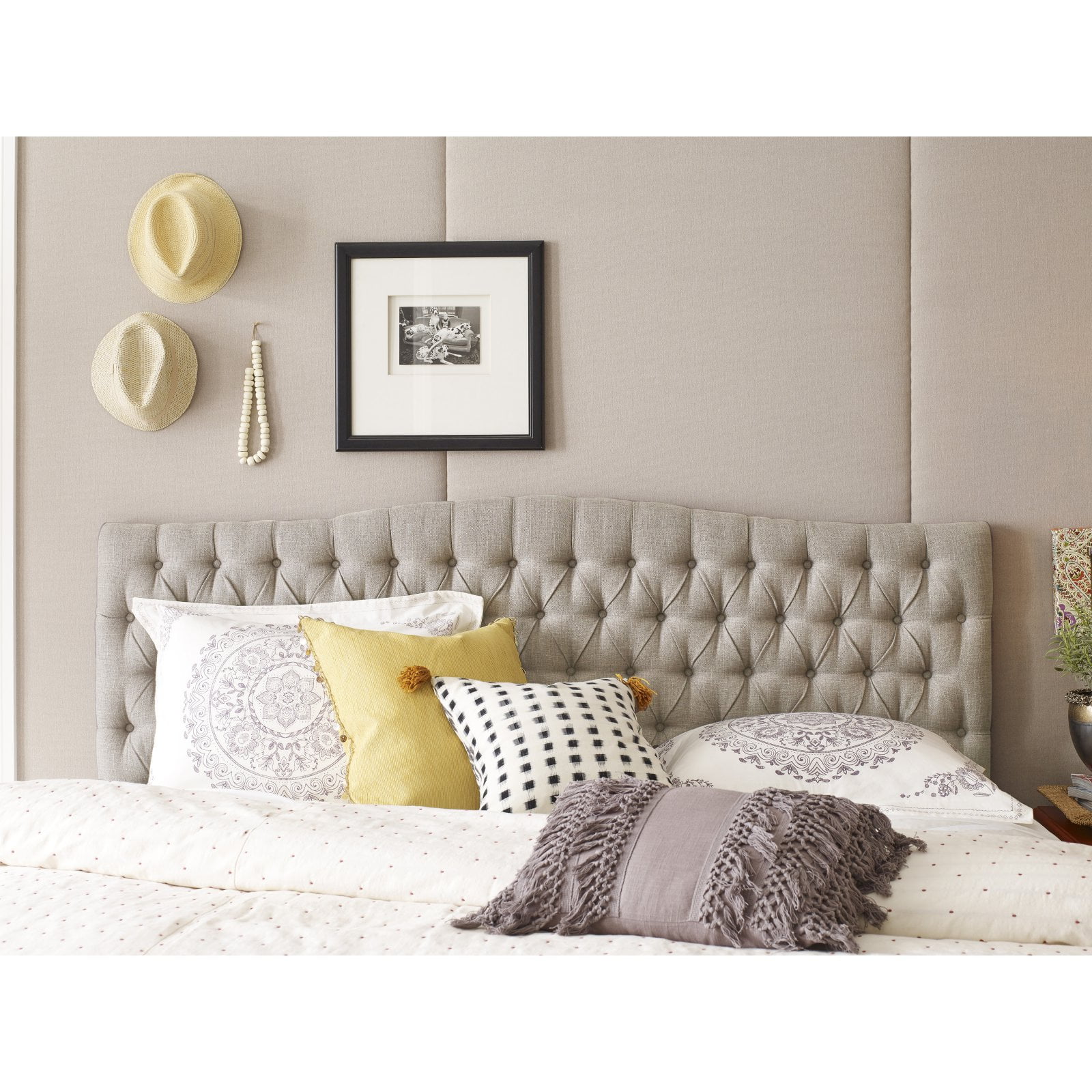 Cream Tufted Upholstered Queen Headboard with Wood Frame