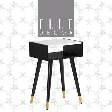 Elle Decor - Clemintine Rectangular Mid-Century Modern Wood Veneer/Rubberwood Side Table - Black/White Marble