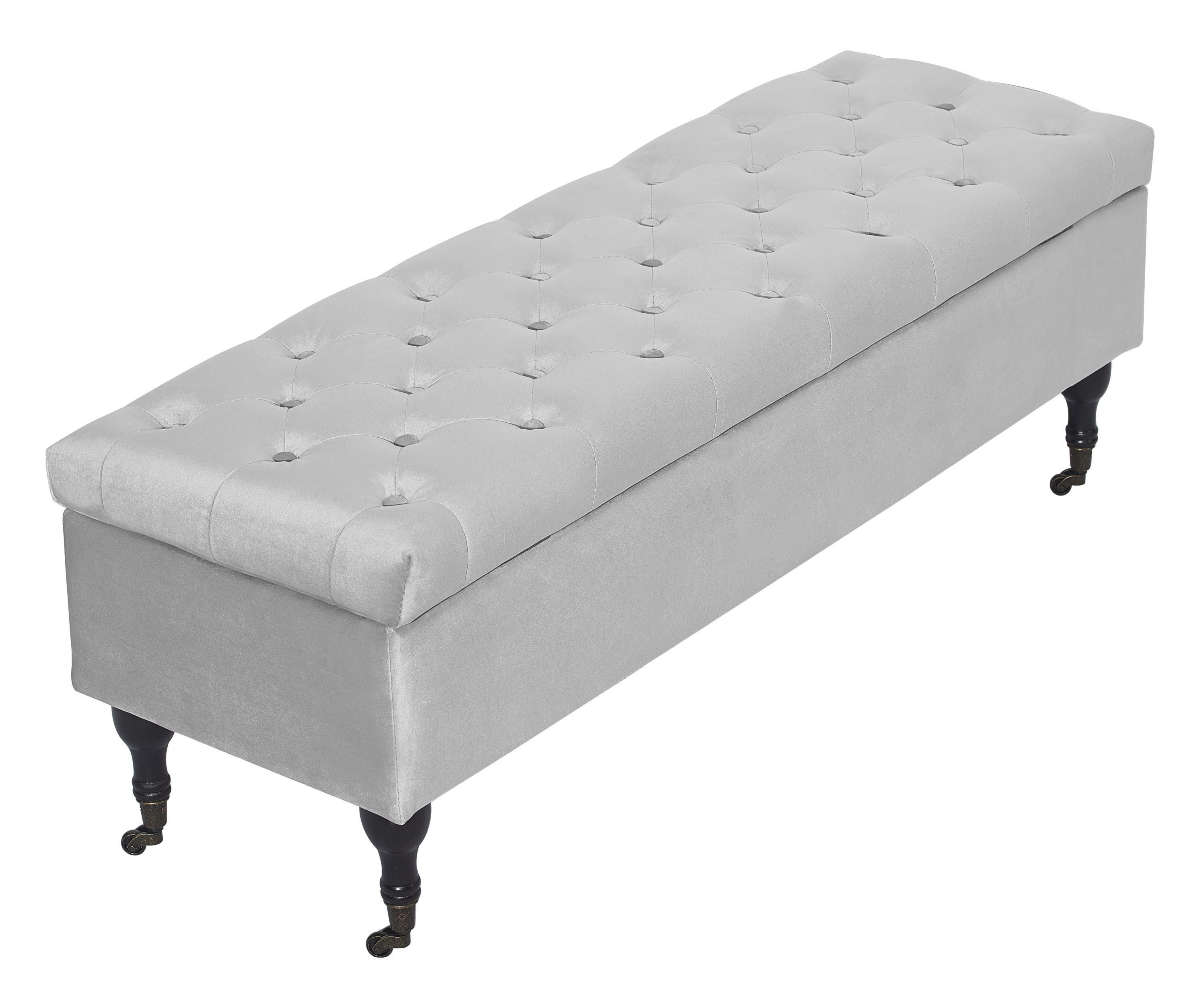 Pearl Gray Velvet Tufted Storage Bench with Wheels