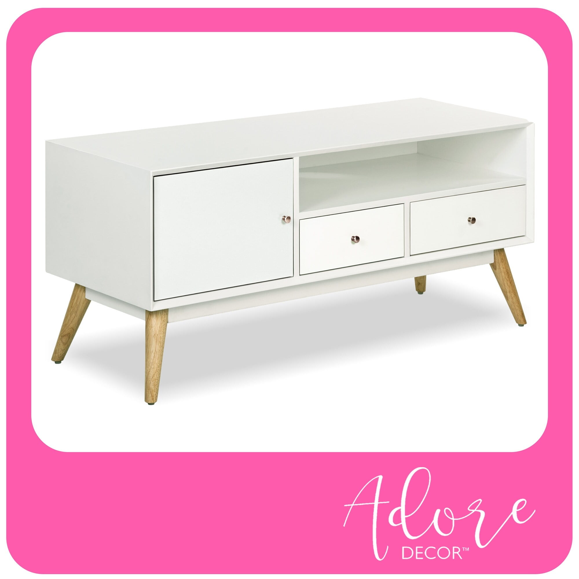 White Mid-Century Modern TV Stand with Cabinet