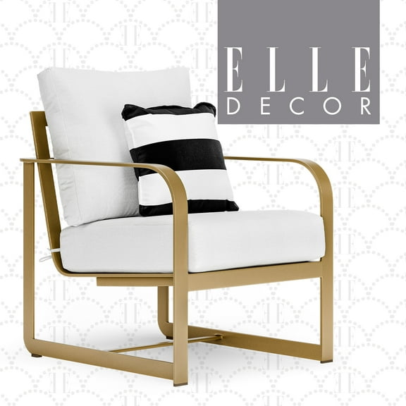 Elle Decor Mirabelle Modern Metal Removable Cushions Outdoor Arm Chair, White/French Gold