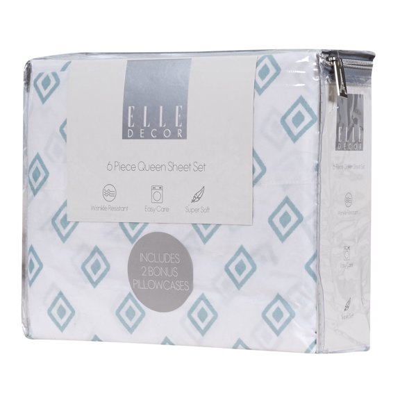 Elle Decor Printed Pattern 6-Piece Ultra Soft Breathable Printed Bedding Bed Sheet Set - White with Baby Blue - Size Twin