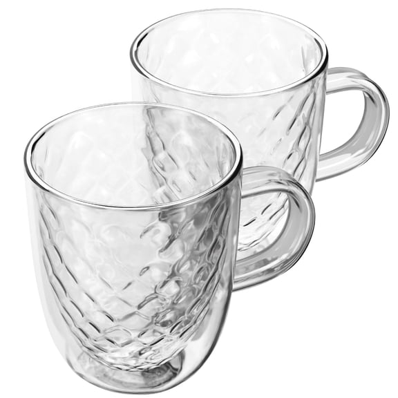 Elle Decor Set of 2 Insulated Coffee Mug, 13-Oz Double Wall Diamond Design Glasses, Clear