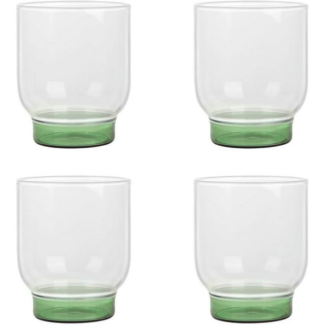 Elle Decor Set of 4 Water Drinking Glasses, 12 Oz Whiskey Tumblers, Clear with Green Base
