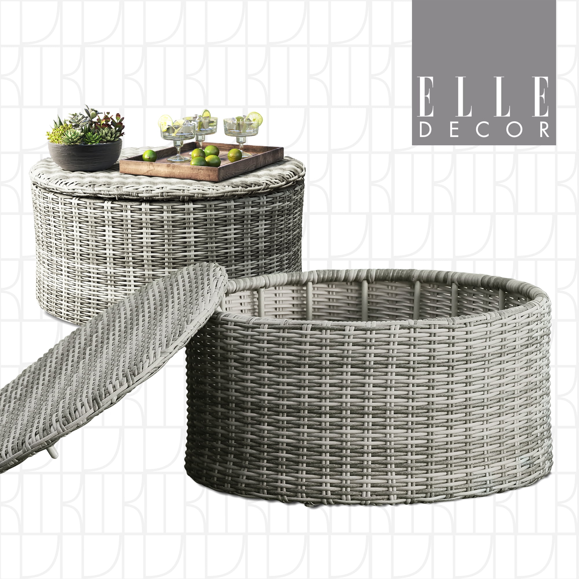 Gray Round Wicker Outdoor Coffee Table with Hidden Storage