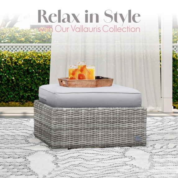 ELLE DECOR Vallauris Outdoor Ottoman with Cushion, Gray all-weather wicker, 12 in high
