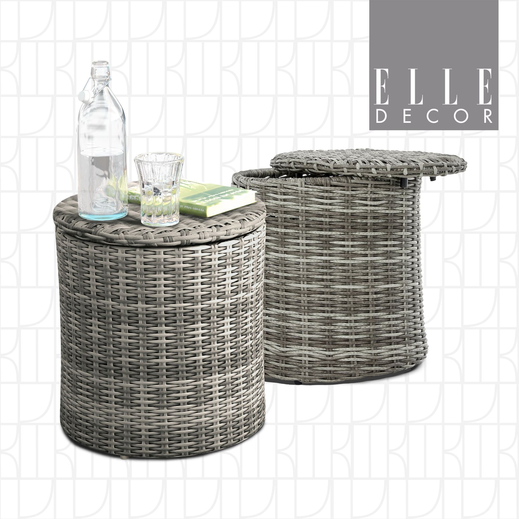 Gray Round Wicker Outdoor Side Table with Storage