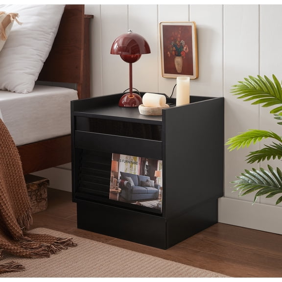 Elle Modern Nightstand with LED Lights, Charging Station, Bedside Table with 2 Drawers, Black