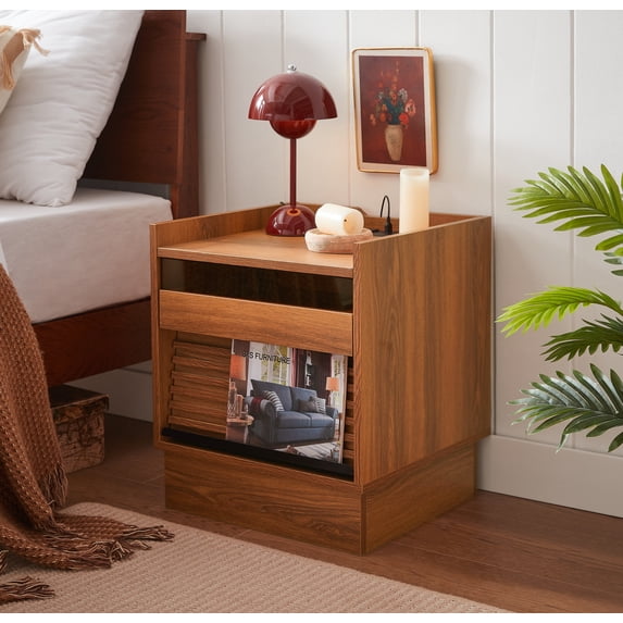 Elle Modern Nightstand with LED Lights, Charging Station, Bedside Table with 2 Drawers, Yellow