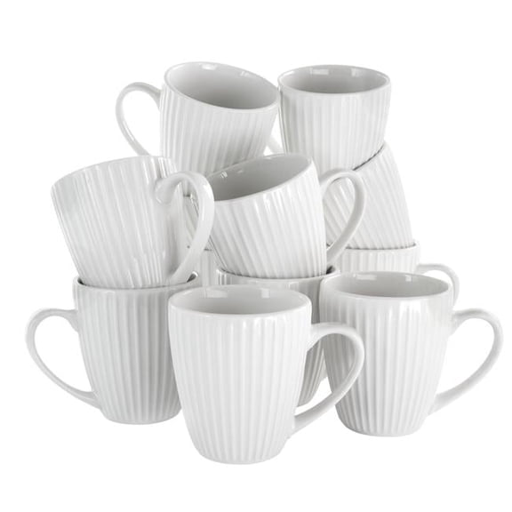 Elle Round Porcelain Mug Set, White - 12 Piece