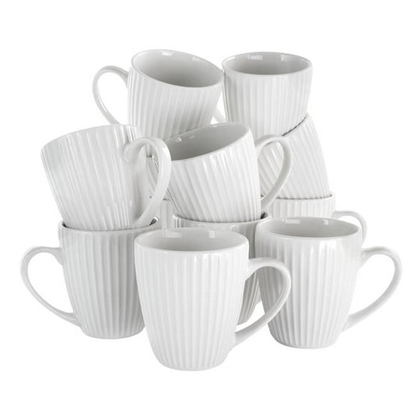 Elle Round Porcelain Mug Set, White - 12 Piece