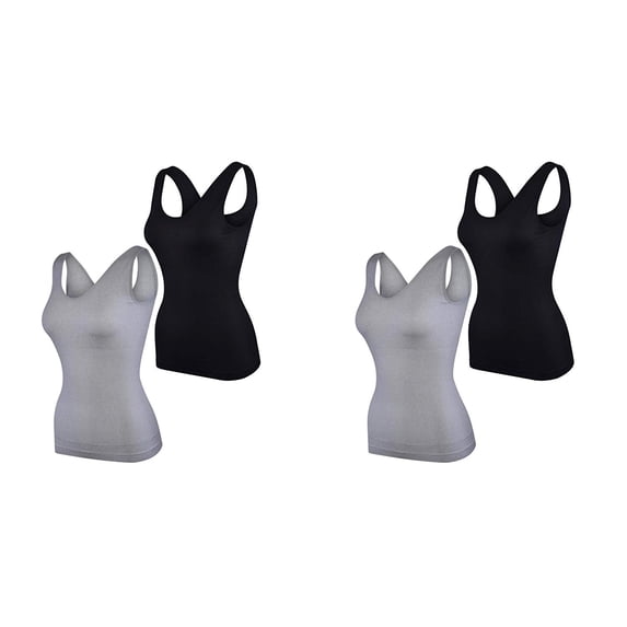 Elle Women's Body Shaping Camisoles 4-Pack Scoop Tank Tops Shapewear Tummy Control Seamless Plus Black/Grey