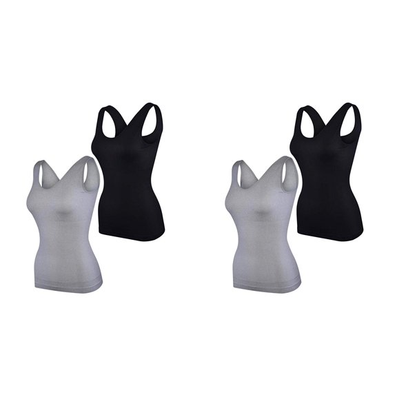 Elle Women's Body Shaping Camisoles 4-Pack Scoop Tank Tops Shapewear Tummy Control Seamless Plus White/Black