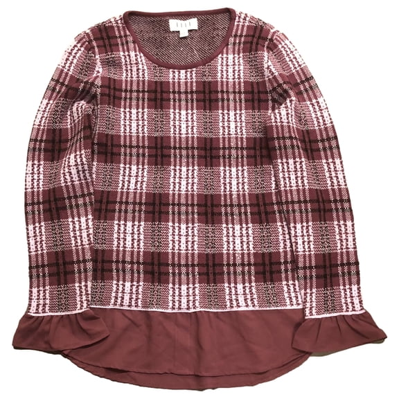 Elle Womens Purple & Black Plaid Pull-Over Sweater With Ruffles Medium
